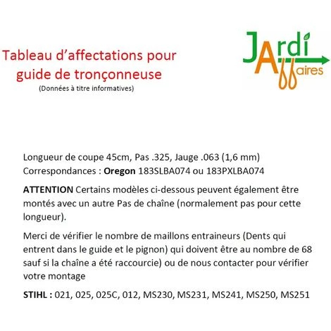 JARDIAFFAIRES Guide Chaîne Pro Tronçonneuse 45cm .325 1,6mm 68E = 183SLBA074 4 JARDIAFFAIRES Guide Chaîne Pro Tronçonneuse 45cm .325 1,6mm 68E = 183SLBA074 – Image 2