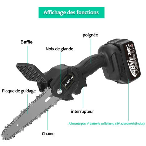 Kkmoon 6 Pouces 48Vf Scies D'élagage électriques à Vitesse Infiniment Variable, Rechargeables, Tronçonneuse à Brosse Pour Fendre Le Bois, Outil De Travail Du Bois 5 Kkmoon 6 Pouces 48Vf Scies D'élagage électriques à Vitesse Infiniment Variable, Rechargeables, Tronçonneuse à Brosse Pour Fendre Le Bois, Outil De Travail Du Bois – Image 3