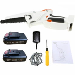 HAPPYSHOP Mini Tronçonneuse 6 Pouces Mini Tronçonneuse Sans Fil Tronçonneuse A Batterie 2,7 Lb. Scie A Chaine Portative Legere Avec 2 Chaines De Rechange Scie A Chaine Electrique Sans Fil Et 2 Batteries, Modele : Norme Europeenne FS-001 Blanc