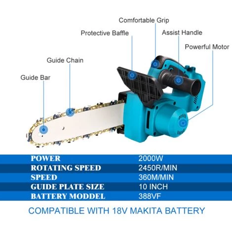 Scie à Chaîne Tronçonneuse électrique Sans Fil - 10 Pouces - Bleu Avec 1 Batterie - Moteur Sans Balai - Pour Le Jardinage Et Le Travail Du Bois Coupeur De Bois - Pour Makita 18V - ONEVAN 4 Scie à Chaîne Tronçonneuse électrique Sans Fil - 10 Pouces - Bleu Avec 1 Batterie - Moteur Sans Balai - Pour Le Jardinage Et Le Travail Du Bois Coupeur De Bois - Pour Makita 18V - ONEVAN – Image 2