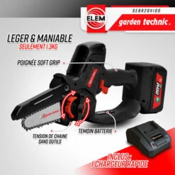 ELEM GARDEN TECHNIC Tronçonneuse Portative Rechargeable 20V - Livrée Avec Batterie Et Chargeur -Tronçonneuse et accessoire Soldes 2022 56384363 3