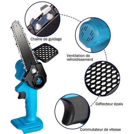 Scie à Chaîne électroportative | Tronçonneuse à Batterie 1200W ONEVAN - Mini Tronçonneuse électrique - Sans Fil 6 Pouces Pour Makita 18V - Vitesse Réglable Pour La Coupe Du Bois - Noir Avec 2*batteries, 2*chaînes Or Et 1*guide 4 Scie à Chaîne électroportative | Tronçonneuse à Batterie 1200W ONEVAN - Mini Tronçonneuse électrique - Sans Fil 6 Pouces Pour Makita 18V - Vitesse Réglable Pour La Coupe Du Bois - Noir Avec 2*batteries, 2*chaînes Or Et 1*guide – Image 2