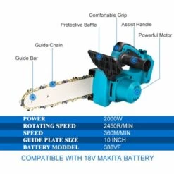 Tronçonneuse à Batterie | Scie à Chaîne Tronçonneuse électrique Sans Fil - 10 Pouces - Bleu - Moteur Sans Balai - Pour Le Jardinage Et Le Travail Du Bois Coupeur De Bois - Pour Makita 18V - ONEVAN - Non Batterie -Tronçonneuse et accessoire Soldes 2022 56499833 2