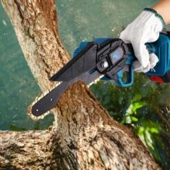 Scie à Chaîne électroportative | Tronçonneuse à Batterie 6 Pouces Sans Fil 1200W - Pour Makita 18V Batterie - Vitesse Réglable Pour La Coupe Du Bois - Onevan - Avec 2*Batterie+6*chaine Or+2*guide - Bleu -Tronçonneuse et accessoire Soldes 2022 57754909 5