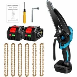 Scie à Chaîne électroportative Brushless 6 Pouces 1200W ONEVAN Mini Tronçonneuse électrique Sans Fil Pour Makita 18V Batterie | Vitesse Réglable Pour La Coupe Du Bois - Avec 2*Batteries+6*chaine Or