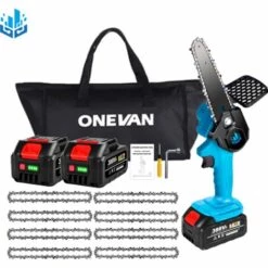 Scie à Chaîne électroportative Sans Fil | Tronçonneuse à Batterie 6” 1200W ONEVAN - Mini Tronçonneuse Pour Makita 18V Batterie - Bleu - Avec 2*batterie+8*chaine Argent+1*sac
