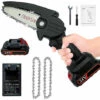 THSINDE Mini Tronconneuse A Batterie,avec 1 Piles Et 2 Chaînes,4 Pouces, Tronçonneuse Rechargeable Portative Pour La Coupe De Branche Arbre De Gardin
